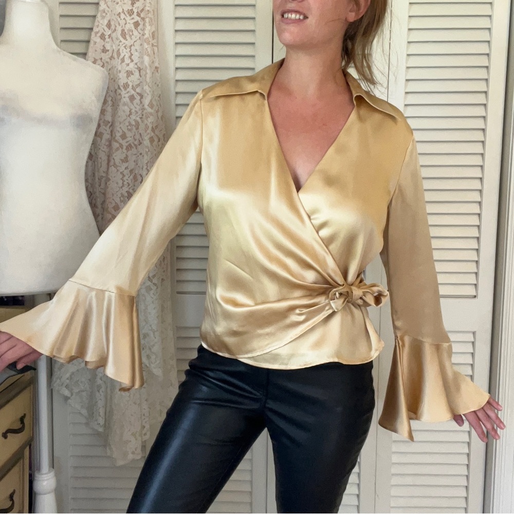 Silkland Luxurious 100% Silk Gold Wrap Blouse With Bell Sleeves - Size L